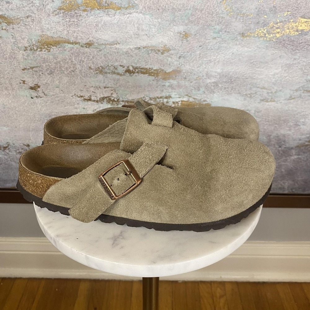 Birkenstock Boston Clog Shoes Womens Size EU 38 Beige Suede Slip On Comfort - Picture 2 of 9